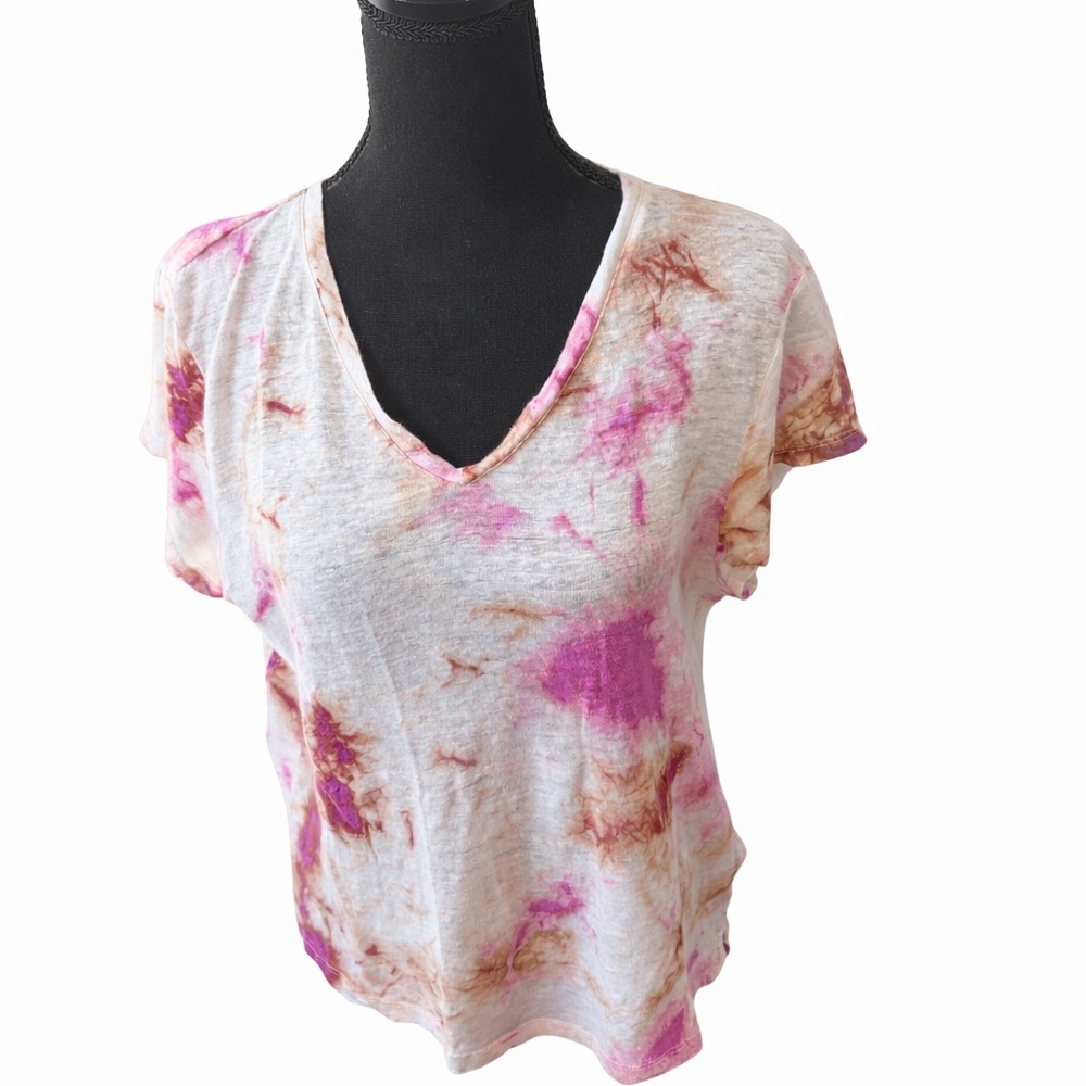 Cynthia Rowley 100% Linen Pink Tie-Dye V-Neck Tee Size L